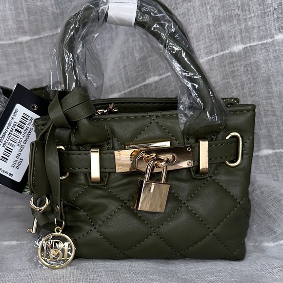 Badgley Mischka Mini Diamond Quilted Tote w/Front Lock Stone Olive Green & Gold - Picture 11 of 16